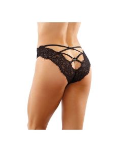 Bottoms Up Ivy Eyelash Lace Panty w/Criss Cross Back & Bow Trims Black