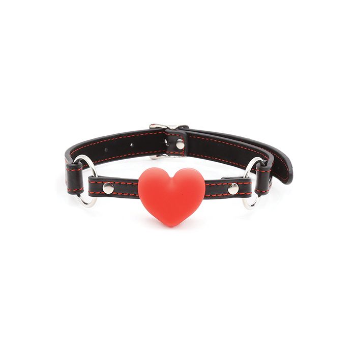 Plesur Heart Ball Gag w/Red Hearts - Black
